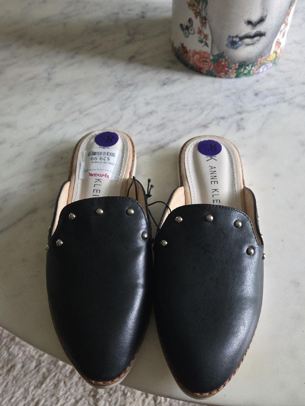Anne Klein Black Faux-Leather Studded Slip-On Mules